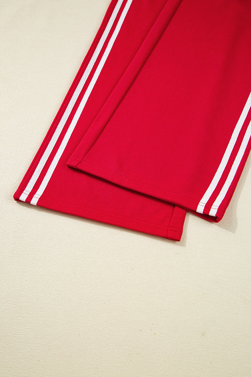 Red Varsity Striped Detail Crewneck Pullover Elastic Sweatpants 2pcs Outfit