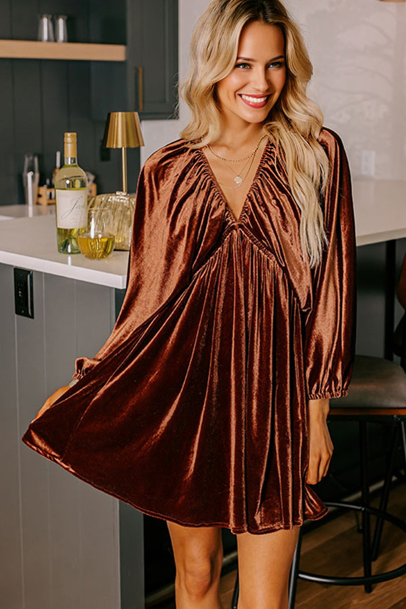 Elastic V Neck Puff Sleeve Short Velvet Dress