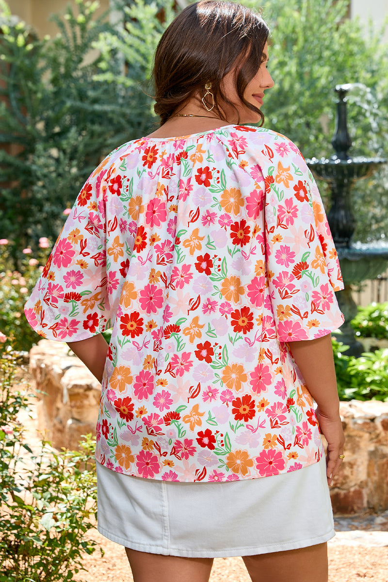 Floral Split V Neck Wide Short Sleeve Plus Size Blouse Top