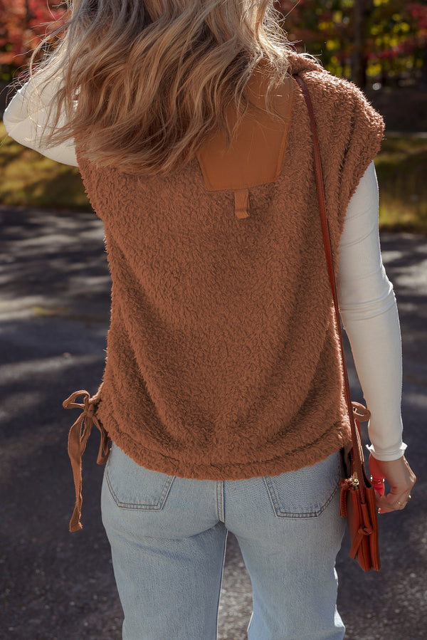 Faux Fur Snap Button Front Knot Side Plush Vest with Pockets