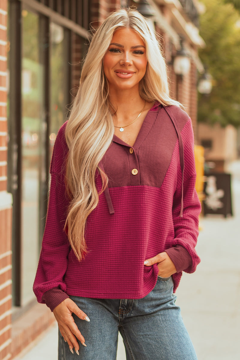 Waffle Patchwork Drop Shoulder Hooded Long Sleeve Top