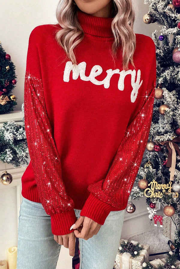Red Merry Graphic Sequin Sleeves Christmas Turtleneck Sweater