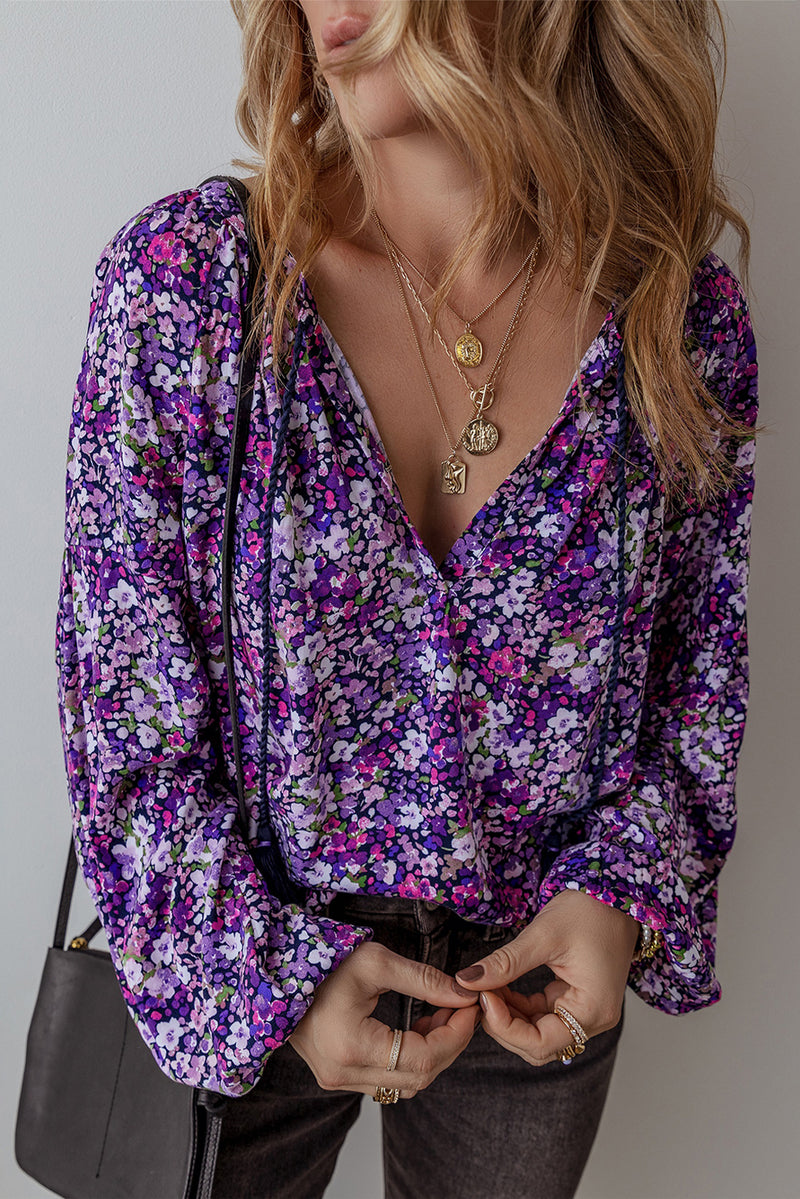 Loose Boho Flower Split V Neck Bubble Sleeve Blouse