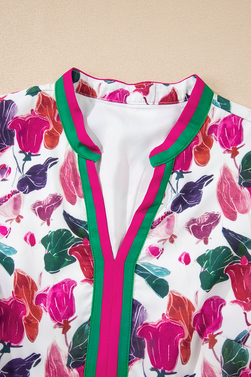 Floral Print Contrast Striped Detail Long Sleeve Mini Dress