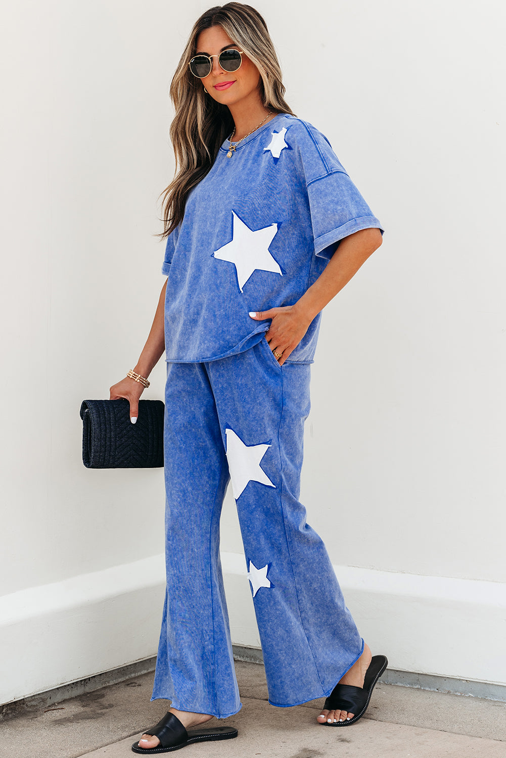 Acid Wash Star Patched Rolled Trim Pants Set