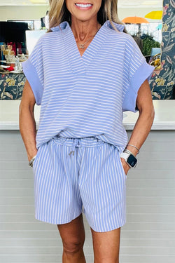Stripe Dolman Sleeve Polo Shirt and Drawstring Shorts Set
