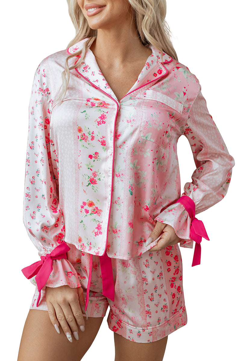Mixed Floral Print Contrast Piping Trim Satin Tie 2pcs Pajama Set