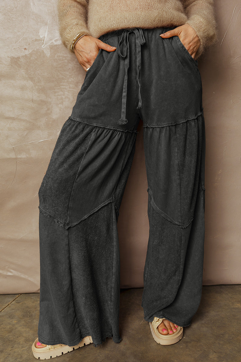 Mineral Wash Tiered Wide Leg Patchwork Drawstring Pants
