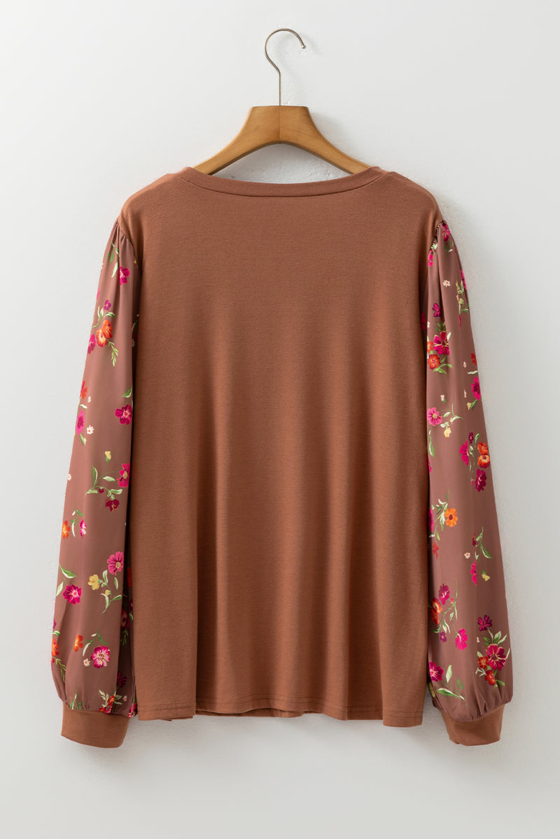 Floral Sleeve Patchwork Round Neck Plus Blouse