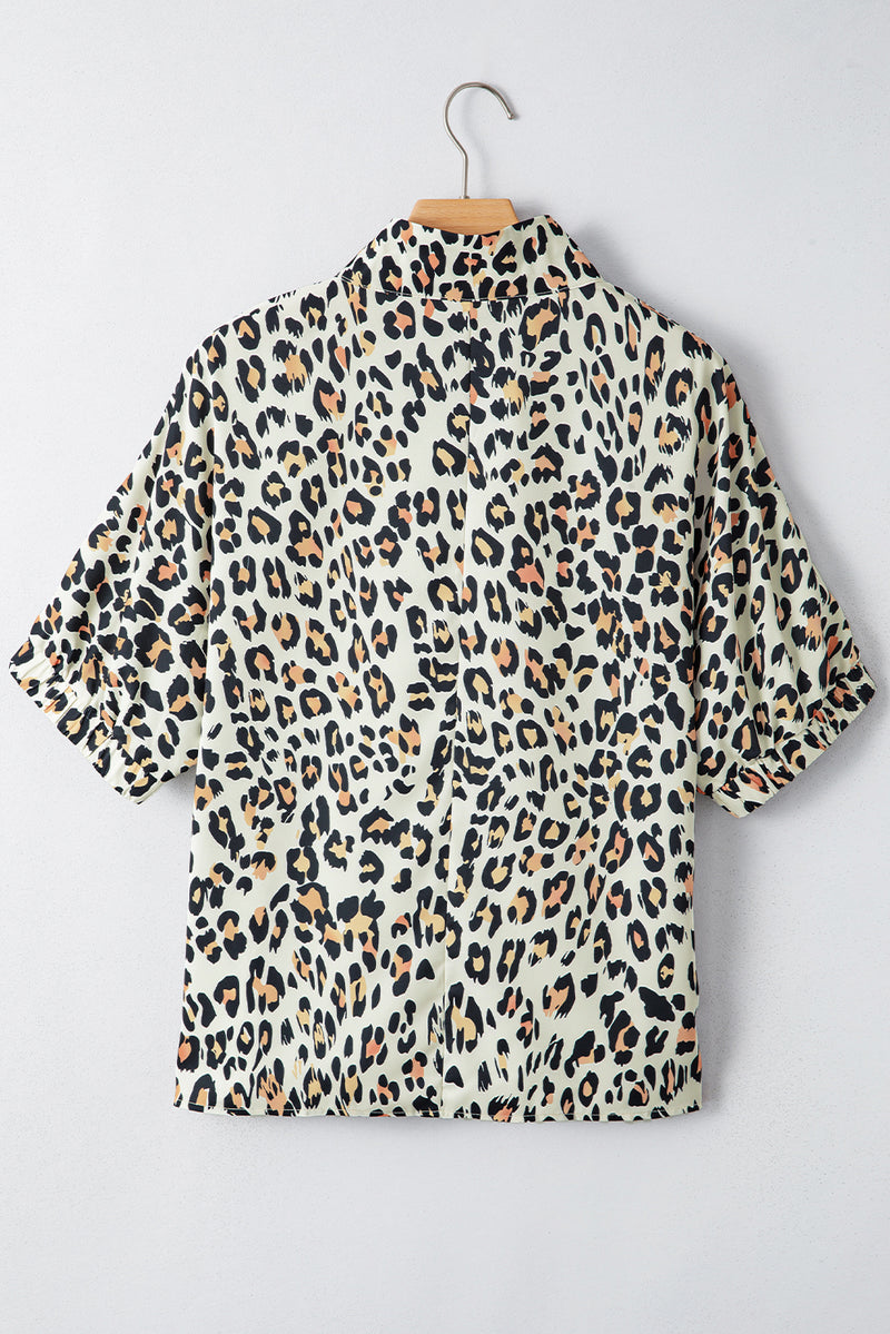 Leopard Color Block Contrast Striped V Neck Half Sleeve Loose Fit Blouse