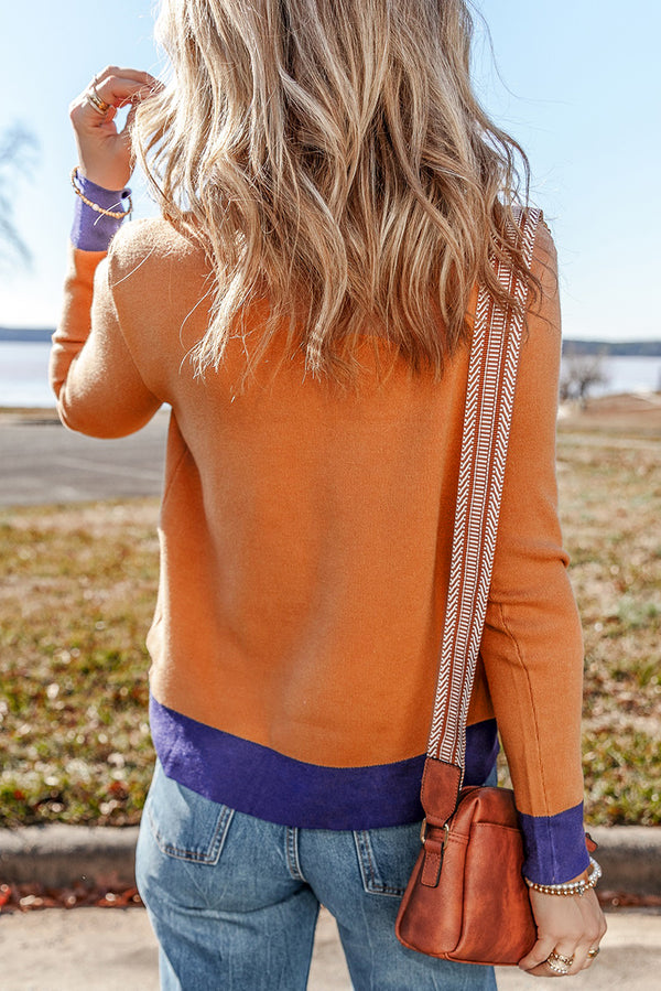Orange Color Contrast Edge Mock Neck Slim Fit Sweater