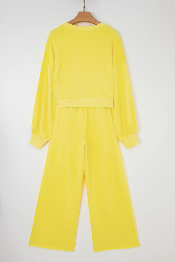 Drop Shoulder Puff Sleeve Crop Pullover Drawstring Wide Leg Pants Set