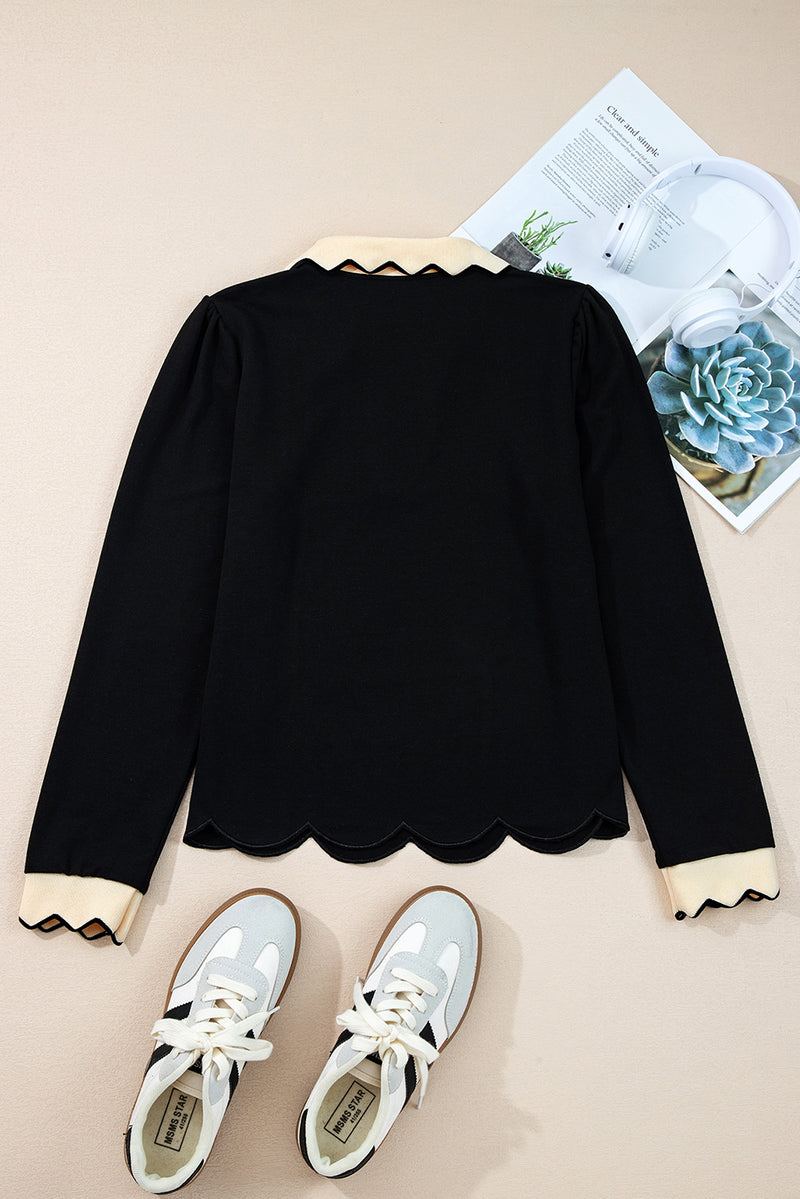 Scallop Trim Color Block Long Sleeve Collared Top