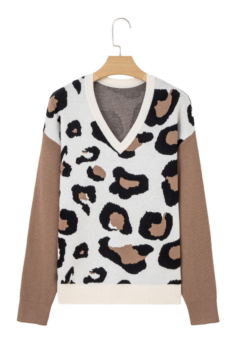 Beige Leopard Print Color Block Patchwork Sleeve V Neck Sweater
