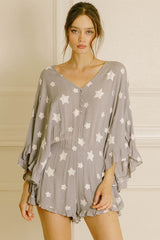 Star Print Crinkle Textured Kimono Ruffle Sleeve Romper