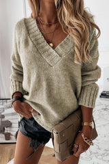 Solid V neck Drop Shoulder Knitted Sweater