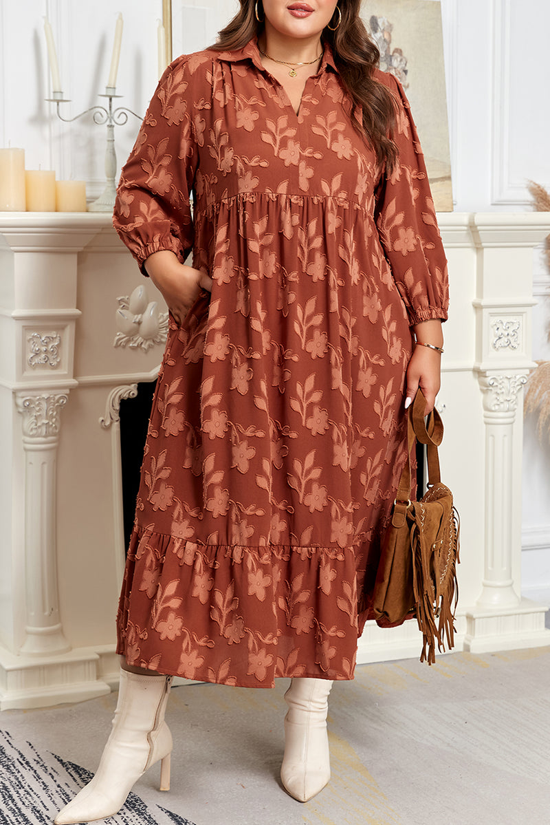 Plus Size Textured 3D Flower Pattern Ruffle Hem 3/4 Sleeve Long Dress