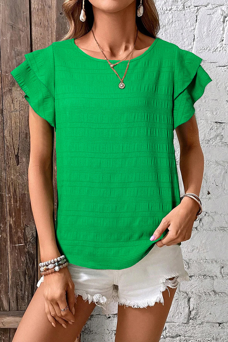 Textured Ruffled Sleeve Round Neck Top Blouse