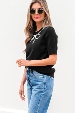 Bow Necklace Embellished Short Sleeve Knitted T Shirt