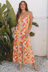 Floral V Neck Wide Leg Sleeveless Jumpsuit