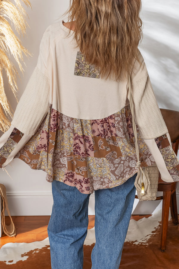 Paisley Ethnic Print Contrast Patchwork Long Sleeve Loose Top
