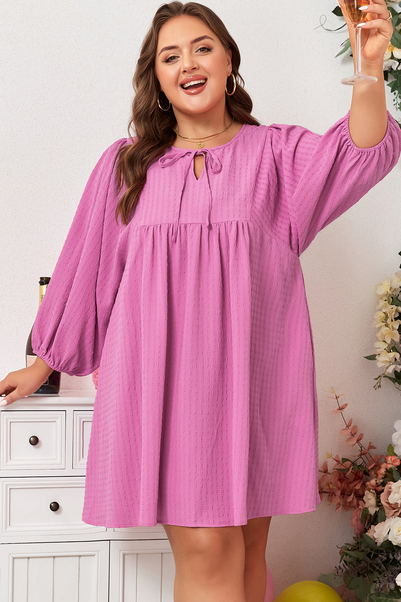 Plus Size Textured Tie Split Neck Puff Sleeve Flowy Mini Dress