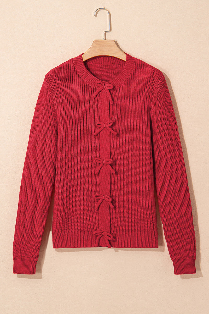 Solid Ribbed Knit Bow Front Buttoned Cardigan