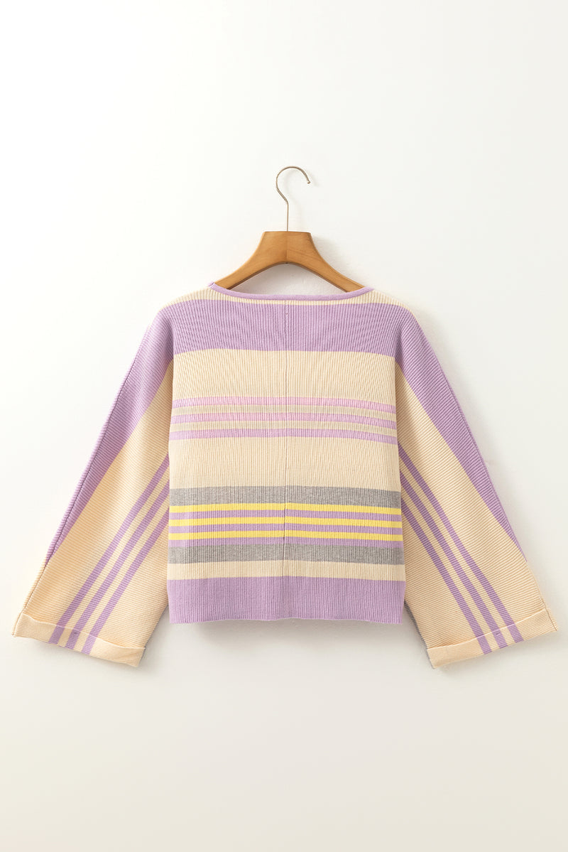 Stripe Borderline Rib Knit Cuffed Dolman Sleeve Sweater
