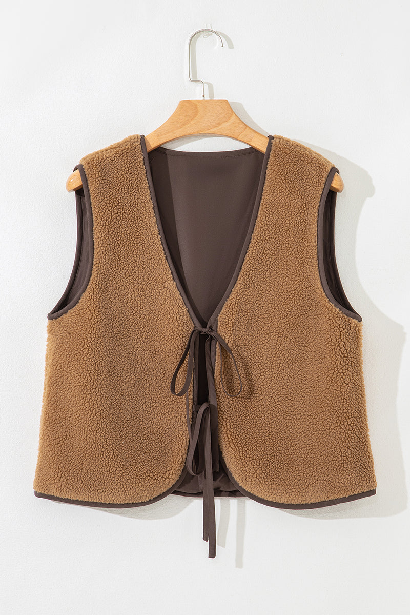 French Beige Contrast Trim Tie Front Sherpa Vest