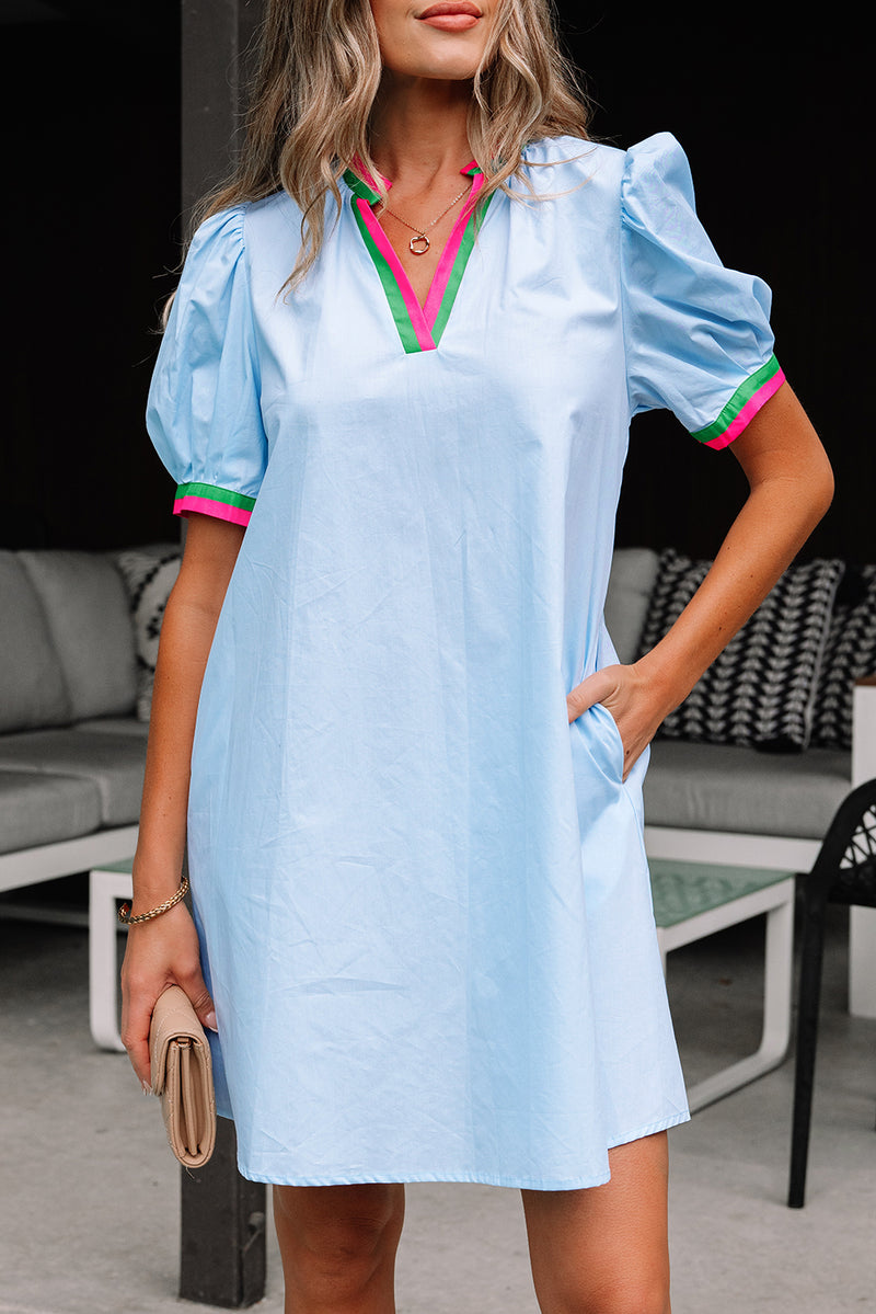 Contrast Striped Notched V Neck Puff Sleeve Mini Dress