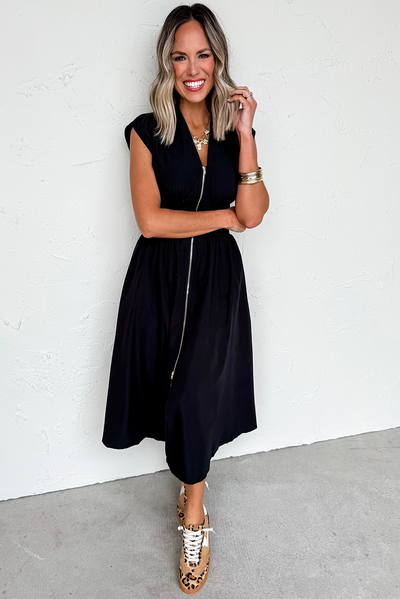 Sleeveless Zipped Front V Neck Shirred Waist Maxi Dress