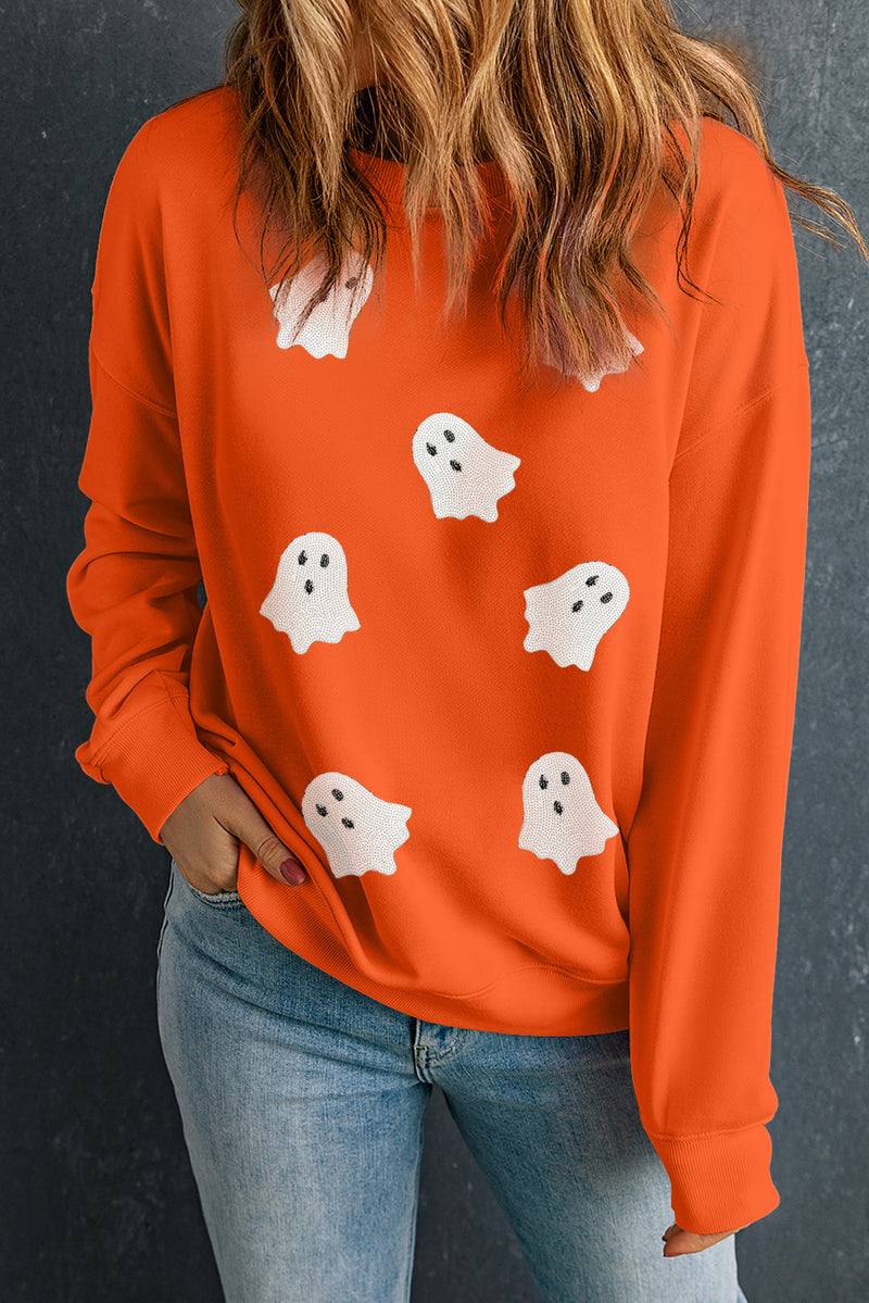 Sequin Halloween Ghost Patched Drop Shoulder Sweatshirt