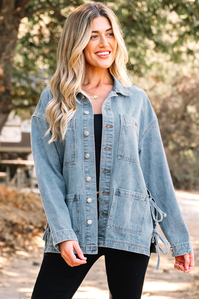Multi Patched Pockets Side Tie up Boyfriend Style Denim Jacket