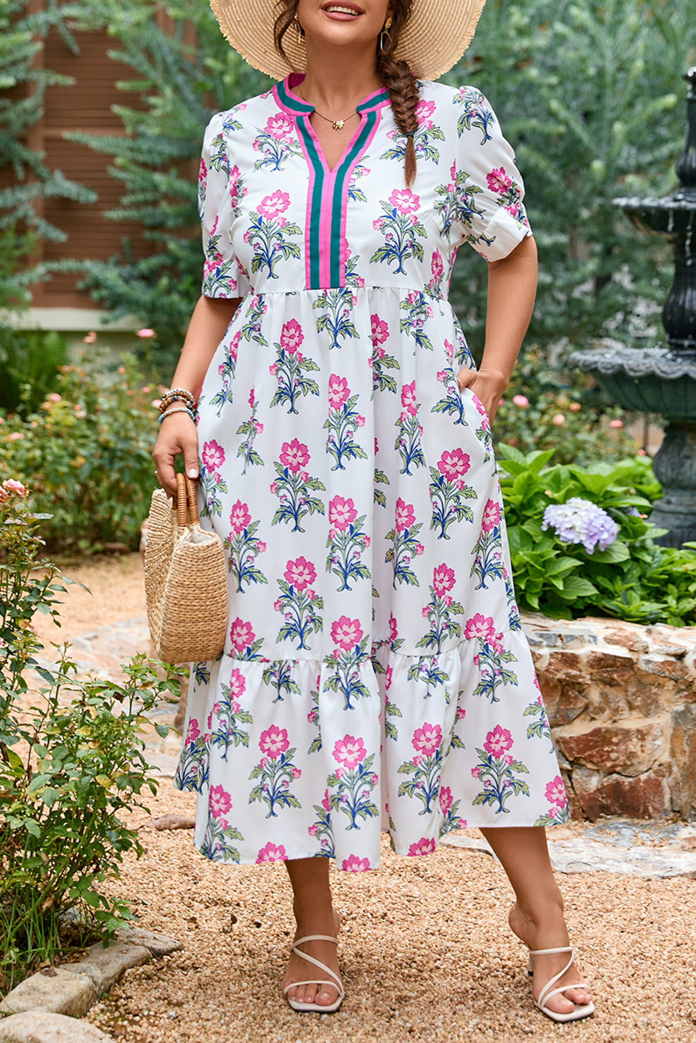 Allover Print Contrast Split Neckline Short Puff Sleeve Curvy Dress