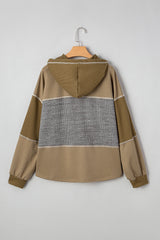 Mixed Texture Patchwork Exposed Seam Half Button Pullover Hooded Sweatshirt