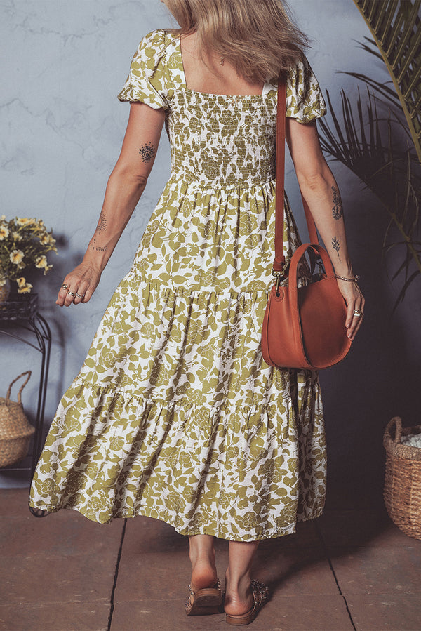 Boho Floral Square Neck Smocked Bust Puff Sleeve Tiered Long Dress