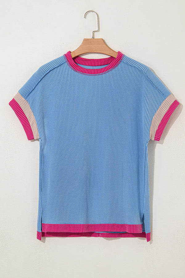 Textured Contrast Trim Round Neck T Shirt