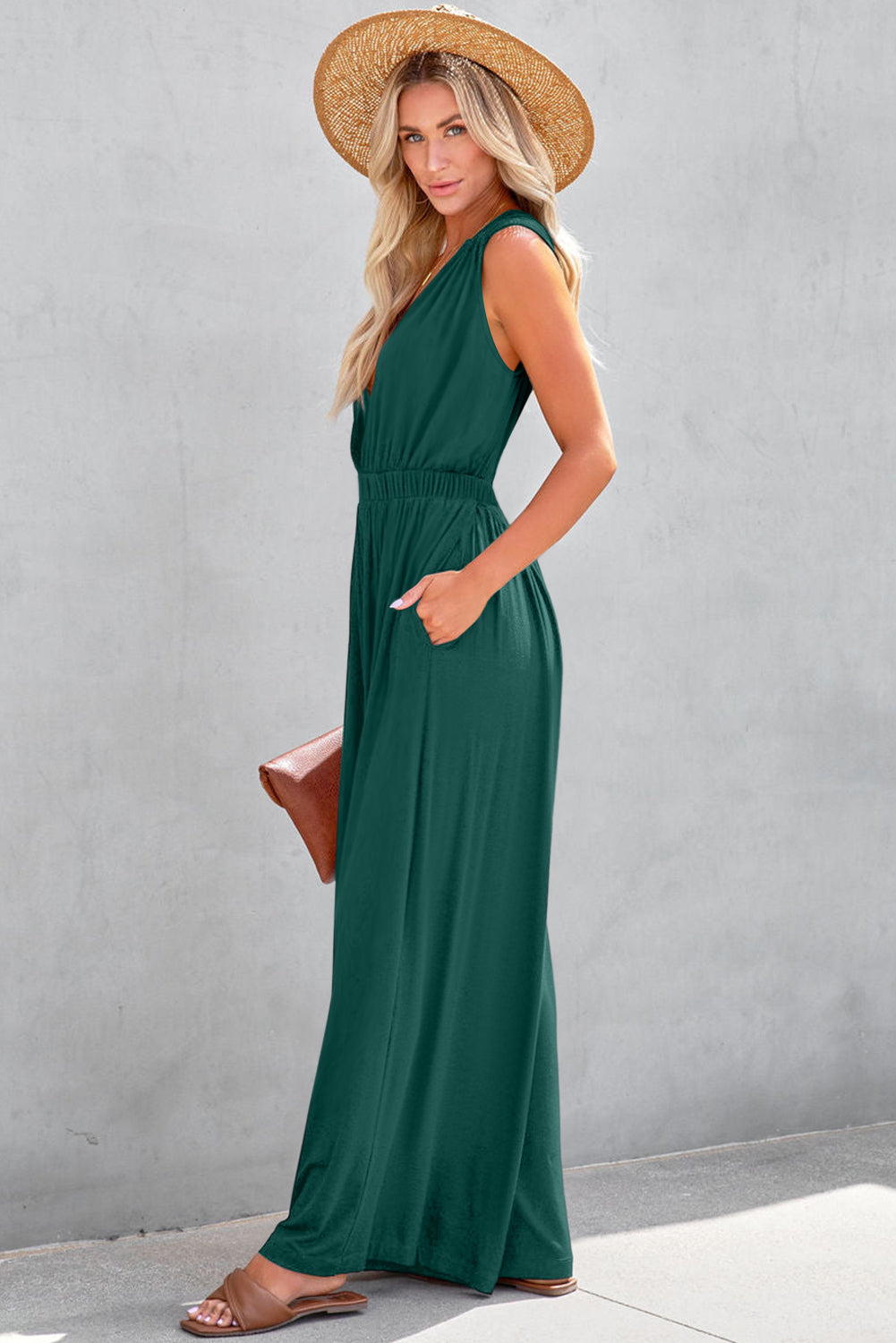 Solid Deep V Pleated Crisscross Wide Leg Backless Jumpsuit