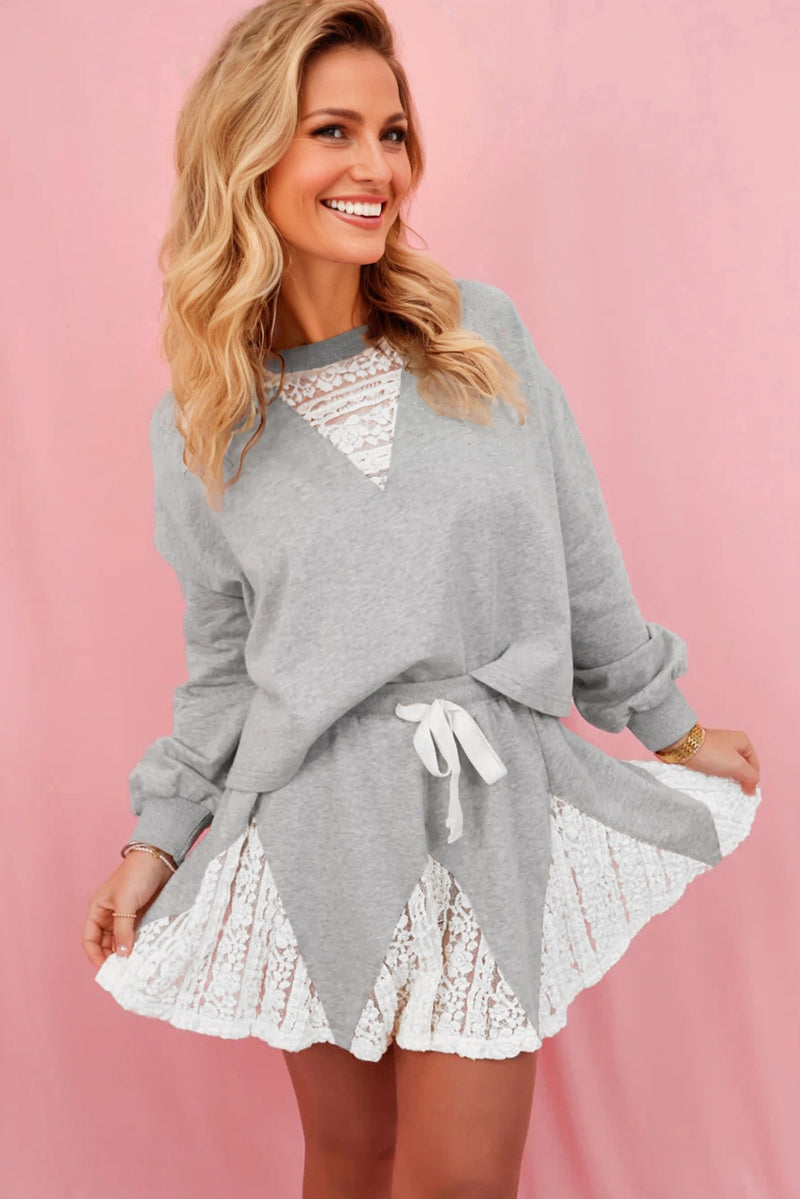 Lace Patchwork Drop Shoulder Pullover Drawstring Skort 2pcs Outfit