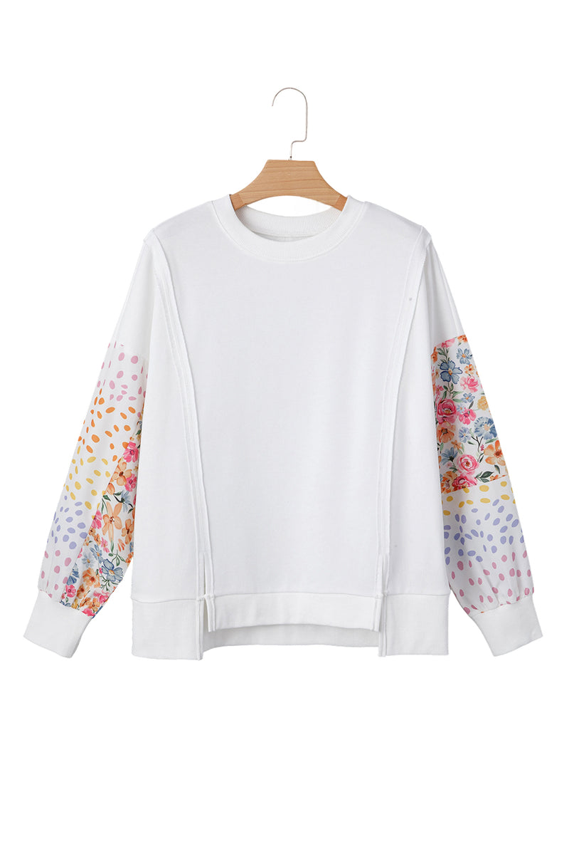 Floral Dotted Mixed Print Patchwork Sleeve High Low Casual Sweatshirt