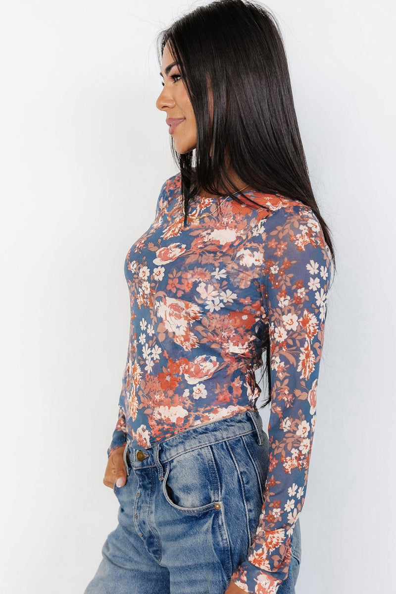 Floral Print Mesh Fitted Long Sleeve Fitted Top