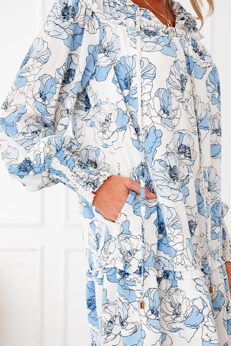 Floral Print Tie Neck Long Sleeve Flowy Mini Dress