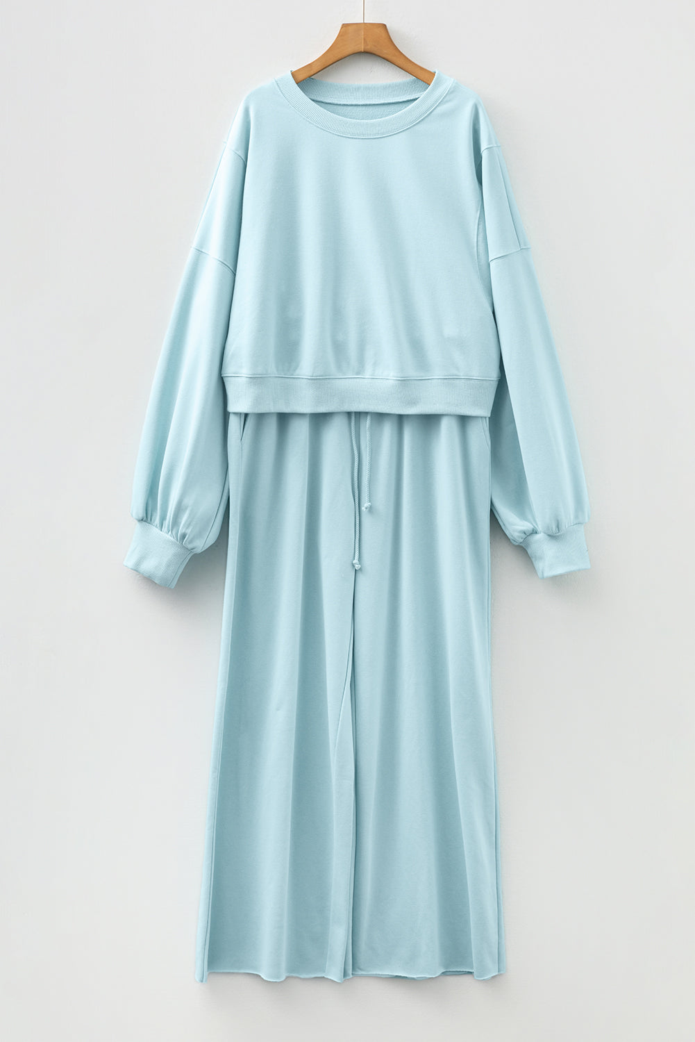 Drop Shoulder Puff Sleeve Crop Pullover Drawstring Wide Leg Pants Set