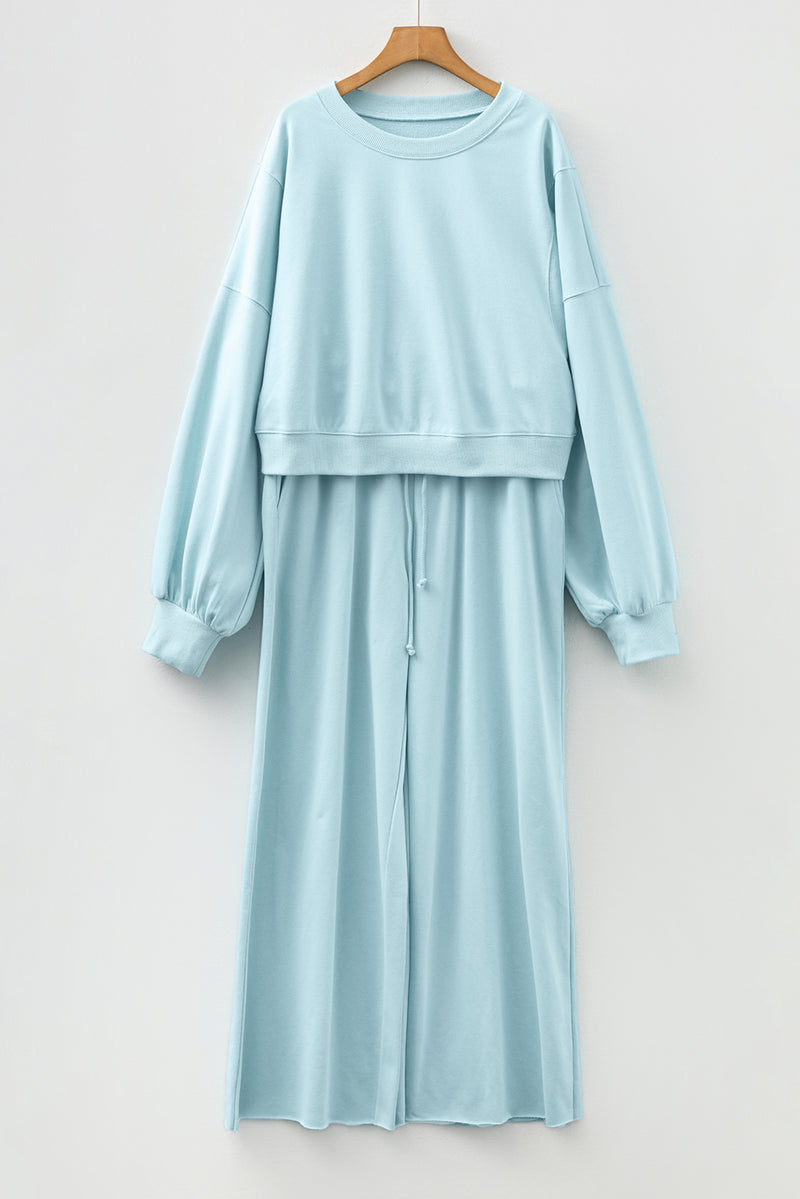 Drop Shoulder Puff Sleeve Crop Pullover Drawstring Wide Leg Pants Set
