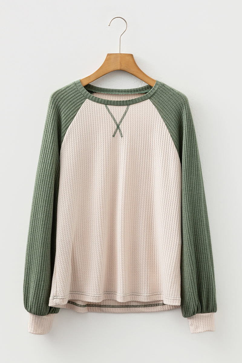 Waffle Color Block Raglan Sleeve Top