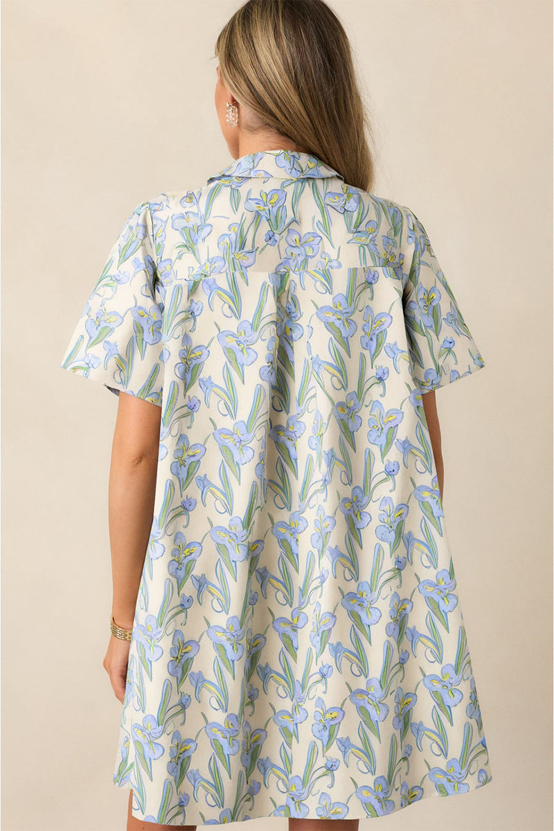 Floral Print Shirtcollar Buttoned Short Sleeve Shift Dress