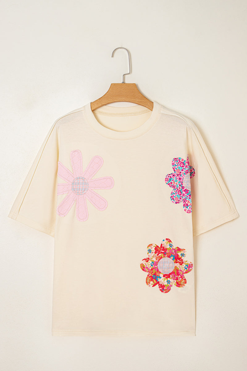 Flower Patched Exposed Stitching Trim Crew Neck Loose Tee
