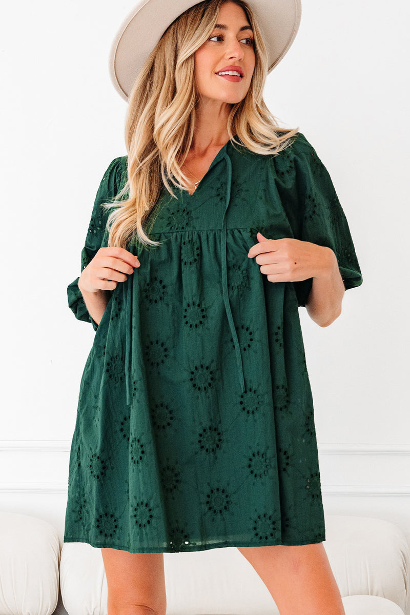 Embroidered Eyelet Pattern 3/4 Puffy Sleeve Swing Mini Dress