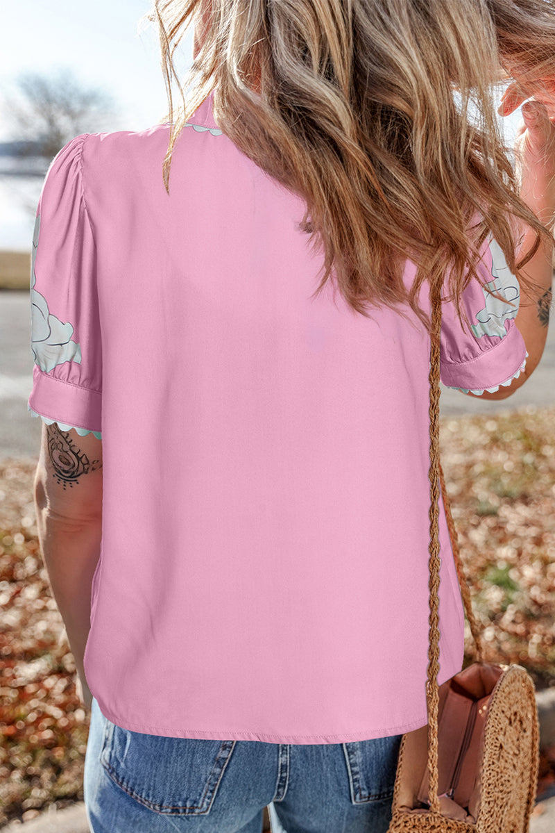 Floral Ric Rac Edge Puff Sleeve Button Up Summer Shirt