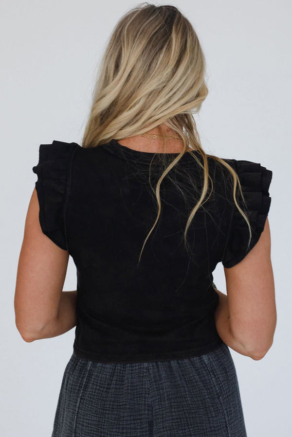 Black Ruffled Crew Neck Slim Fit Top